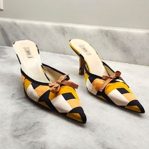 Prada silk geometric design open back heels